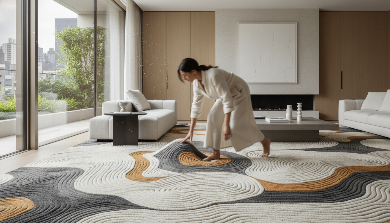 High-end modern living room showcasing a Neuroaesthetic Rugs 2026 trend piece with deep relief textures and abstract fiber-art patterns.