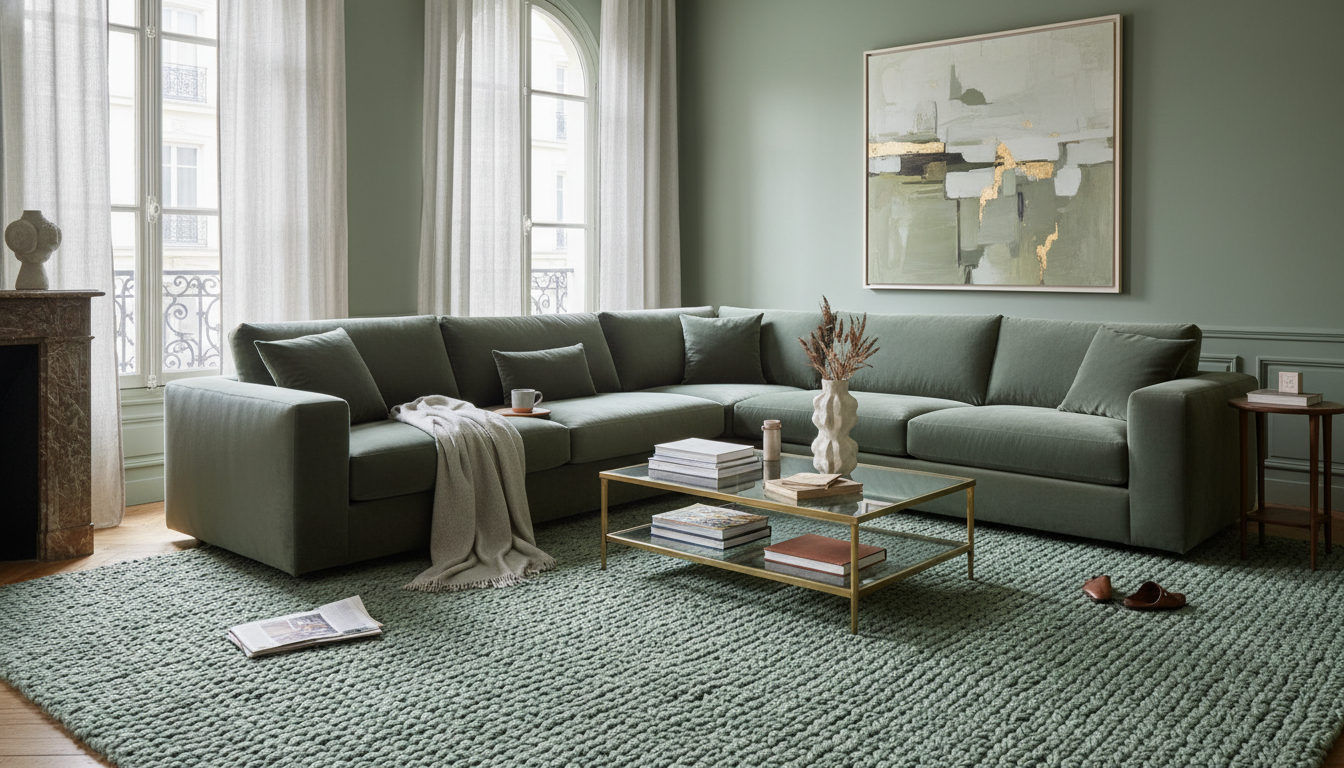 A sophisticated monochrome sage green living room featuring a tonal drenched wool rug that matches the wall color perfectly for a seamless aesthetic.