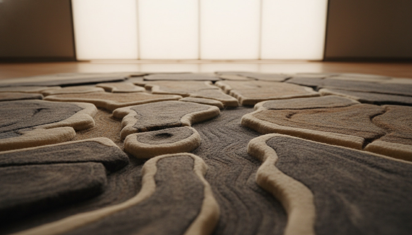 A detailed macro view of Tadelakt-textured wool rugs showing the varying pile heights and artisanal carving that mimics stone.