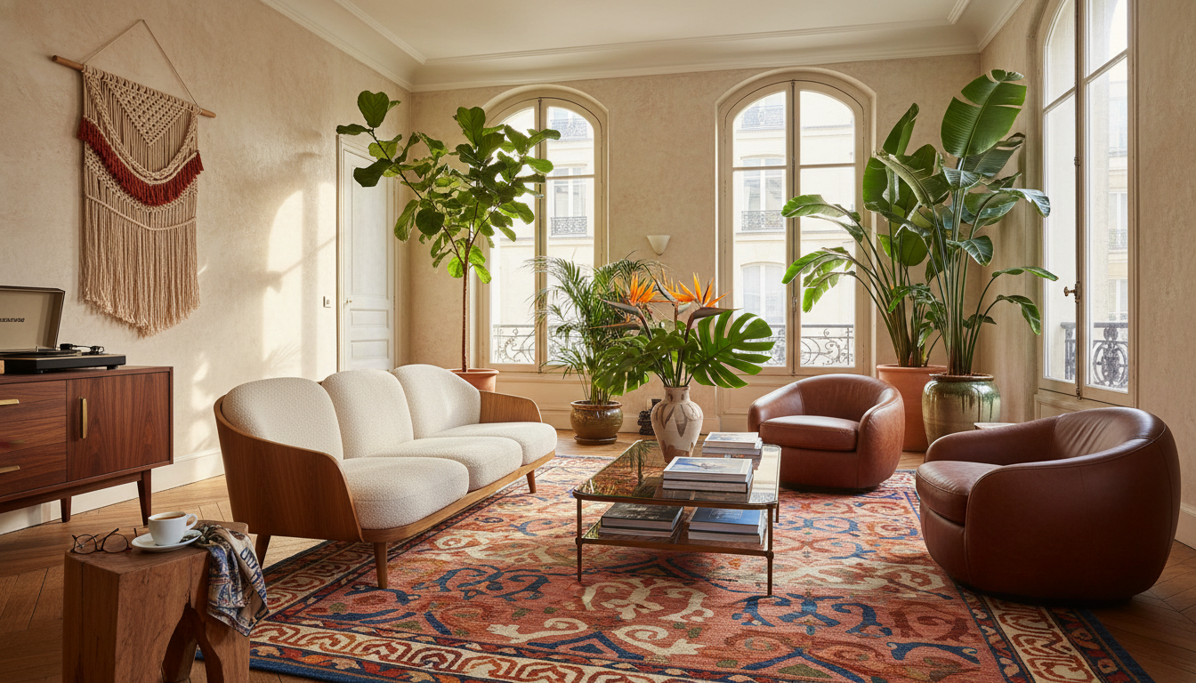 A sophisticated Parisian living room featuring a bold Folk Nouveau rug as a centerpiece amidst mid-century modern furniture.