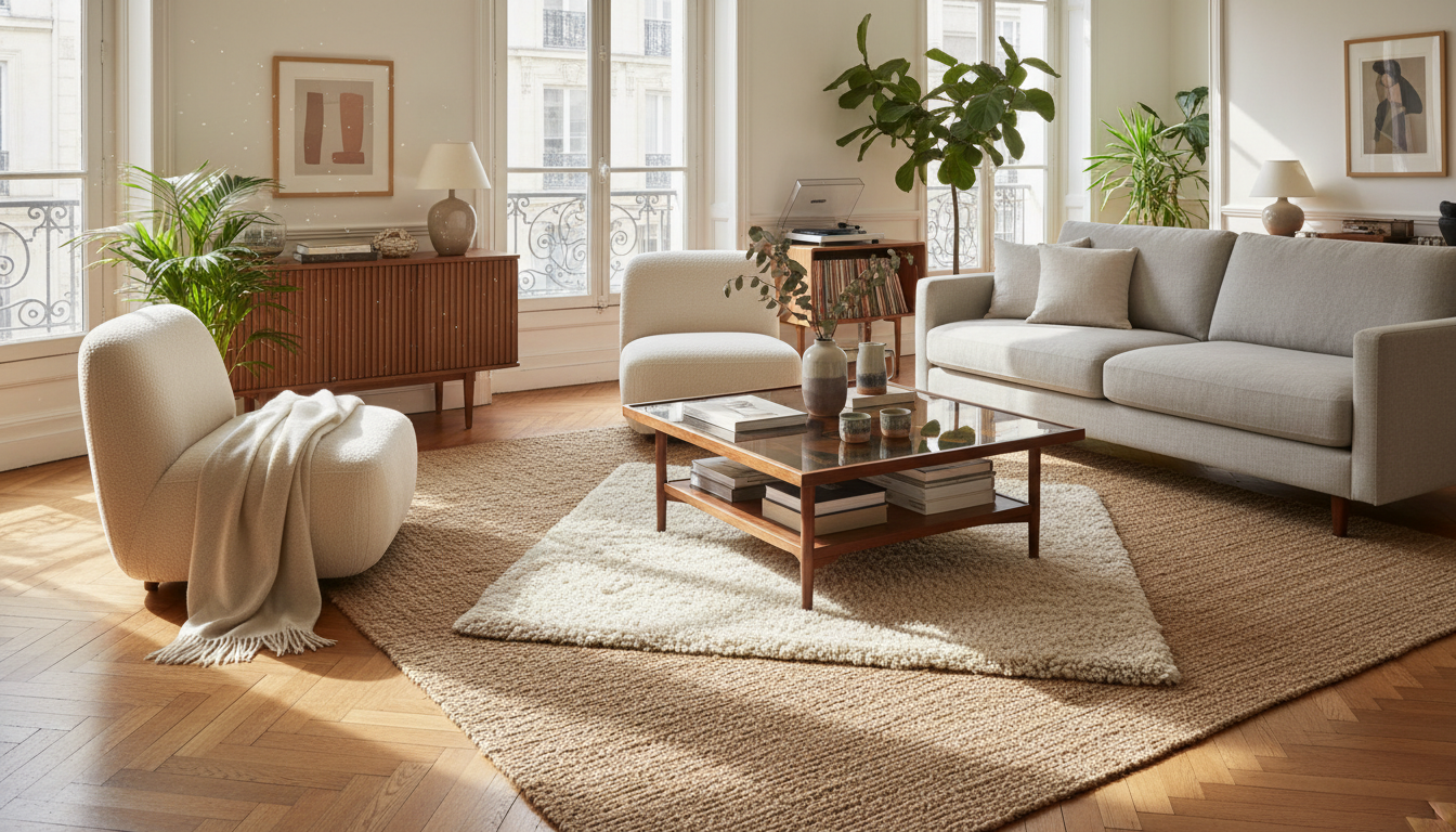 Designer living room showing the 2026 rug trend of layering a small wool rug over a large jute base rug for depth and texture.