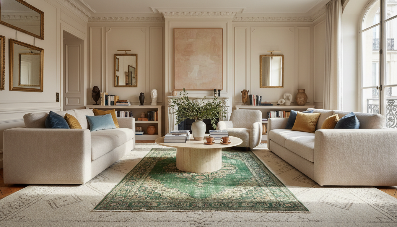 Designer living room featuring a sophisticated layered rug arrangement with a large cream flat-weave base and a vintage emerald green accent rug.