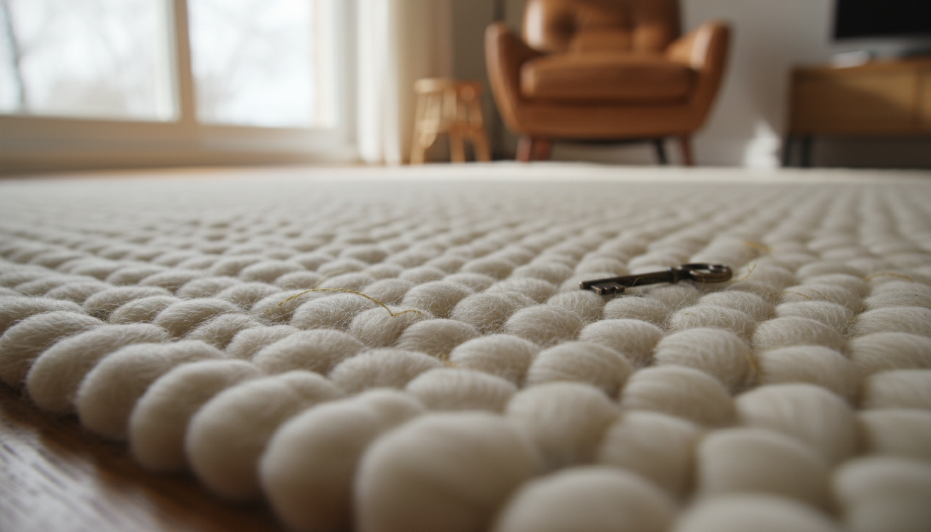 Detailed close-up of cream bouclé rug fibers showing tactile wool loops and luxury texture.