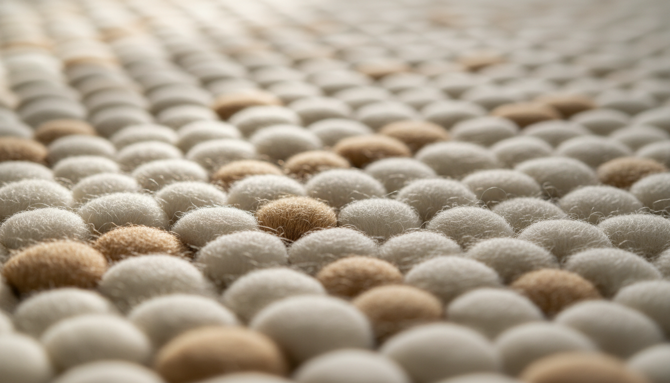 Close-up detail of a high-quality cream bouclé wool rug showing intricate loop textures for 2026 design trends.