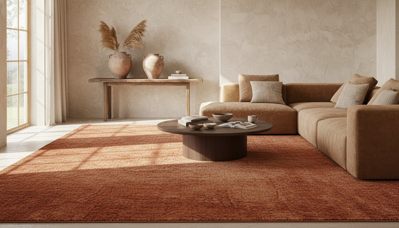 A luxurious boho living room featuring a large muddied earth mineral rug with organic texture and natural clay-toned pigments.