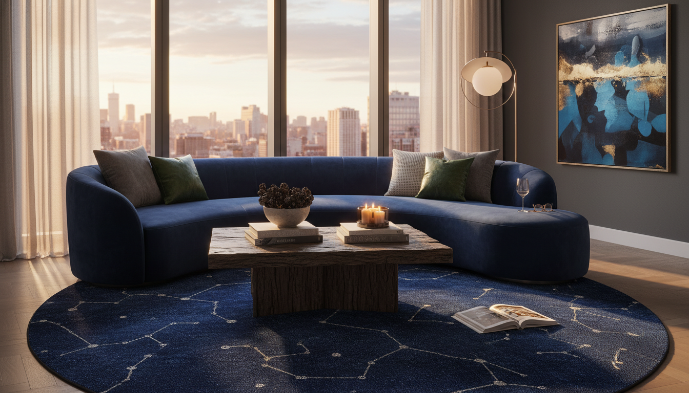 Sophisticated living room featuring a large circular indigo celestial rug with silver constellation patterns under a modern curved velvet sofa.