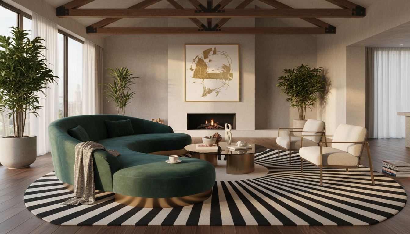Modern living room with a bold black and white striped Circuscore rug and emerald green velvet furniture representing 2026 interior design trends.