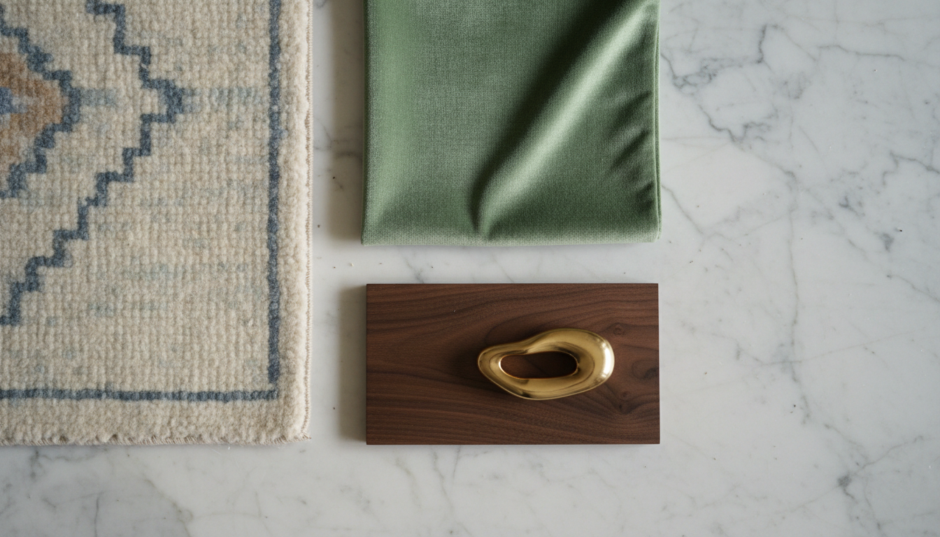 Designer mood board with rug swatches, fabric samples, and wood tones illustrating color coordination.