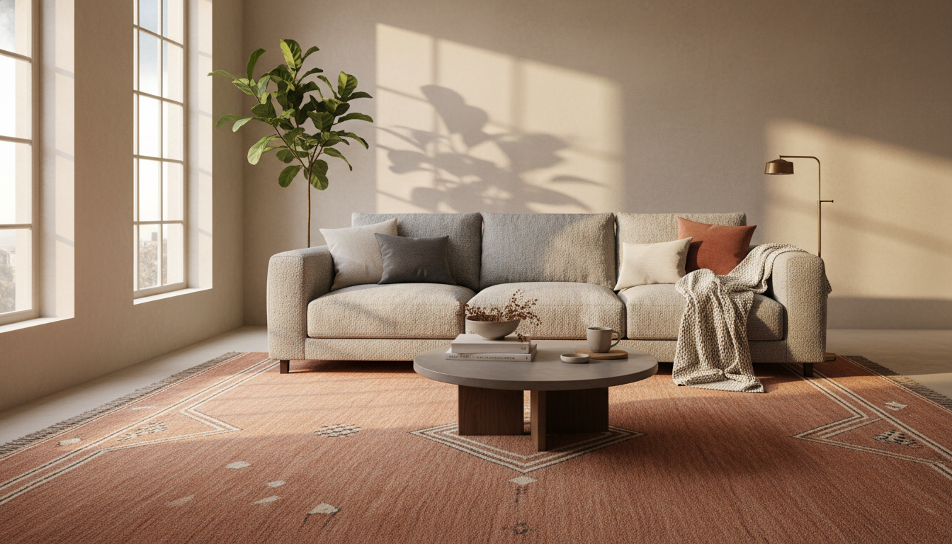 Modern living room with light gray sofa and terracotta wool rug showing 2026 interior design trends.