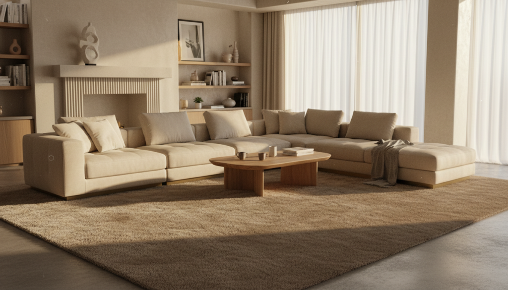 Oversized 9x12 rug in a modern living room showing all furniture legs anchored on the textile for a 2026 designer look.