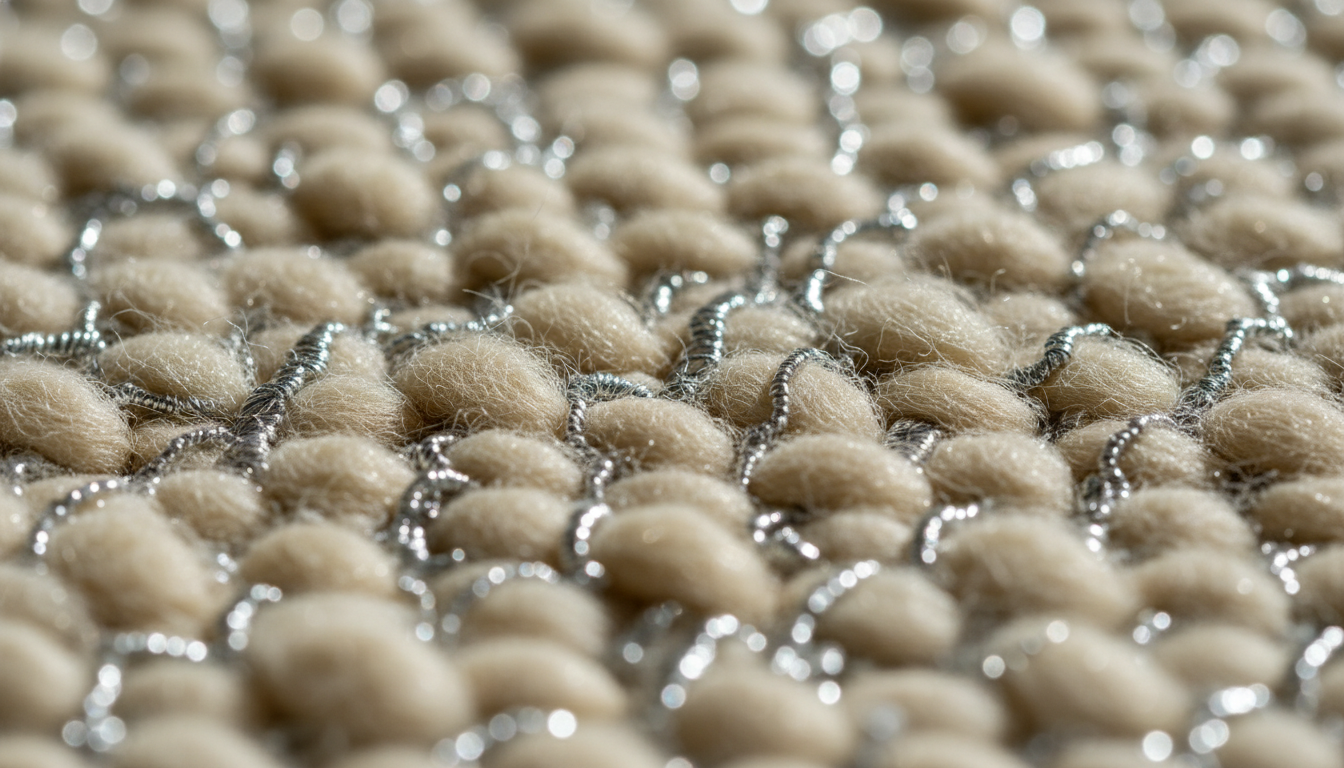 Detailed macro shot of silver fibers woven into organic wool for an EMF-blocking rug.