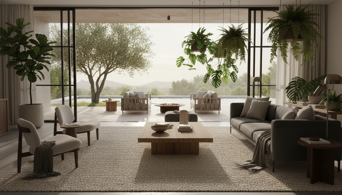 Luxurious seamless transition using Indoor-Outdoor Rugs 2026 from living room to patio.