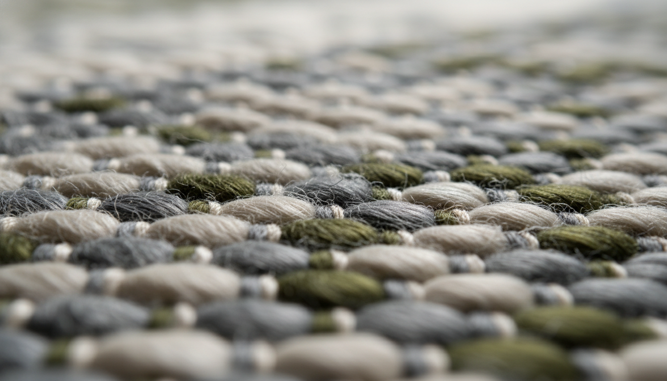 Macro detail of high-quality washable rug fibers 2026 with matte finish and dense weave.