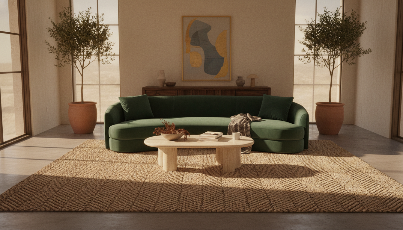 Luxurious 2026 living room showing perfect rug placement under modern furniture with natural lighting.