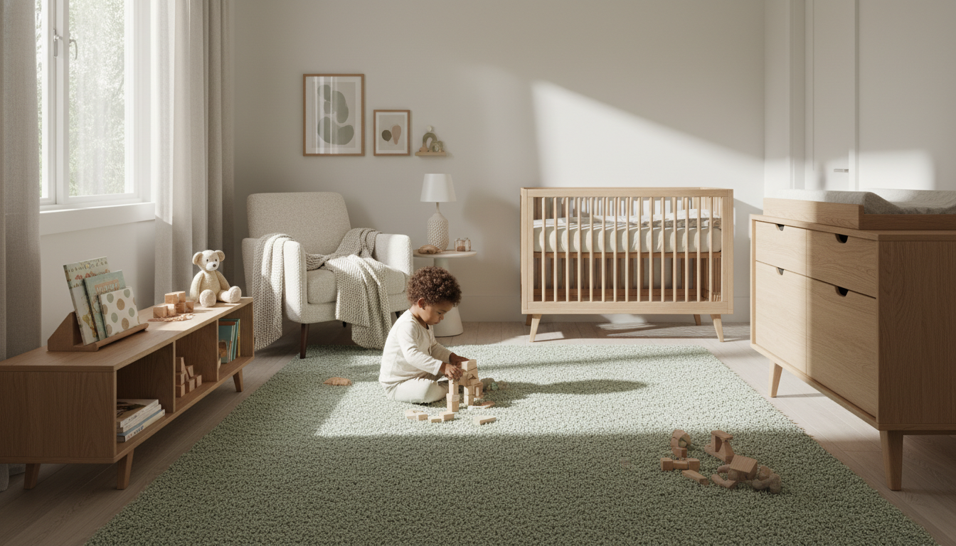 Modern nursery with safe washable rug and wooden furniture 2026 design trend