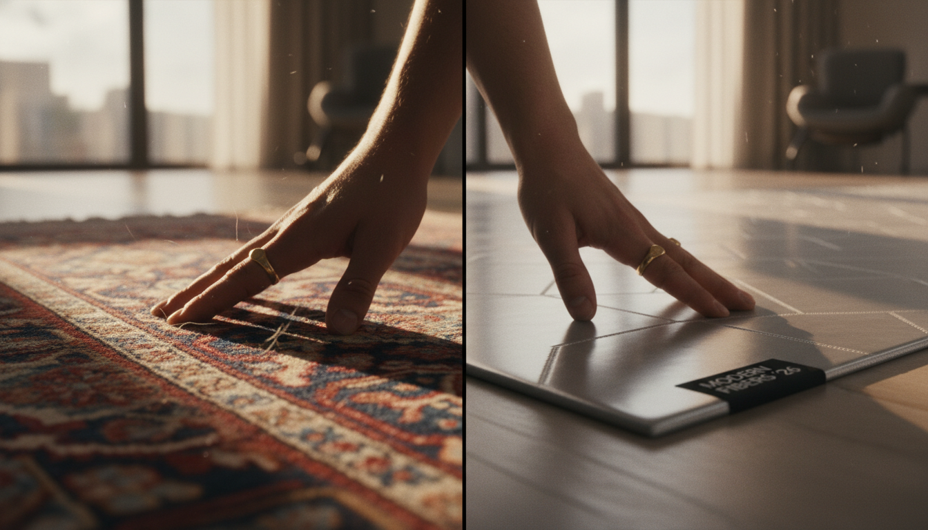 Side-by-side comparison of a luxury hand-knotted rug and a high-end budget performance rug in a 2026 interior.