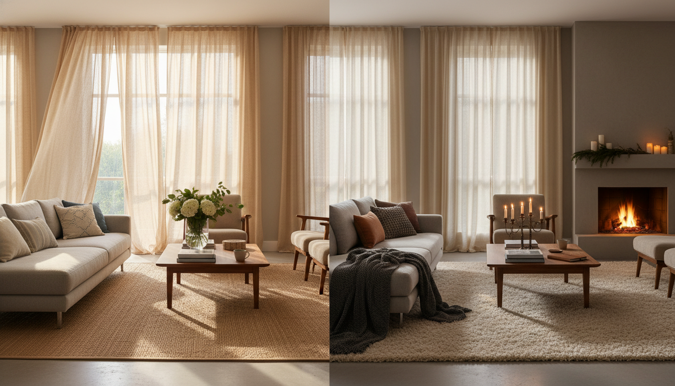 Split screen comparison of summer light rug versus winter cozy rug in a modern living room