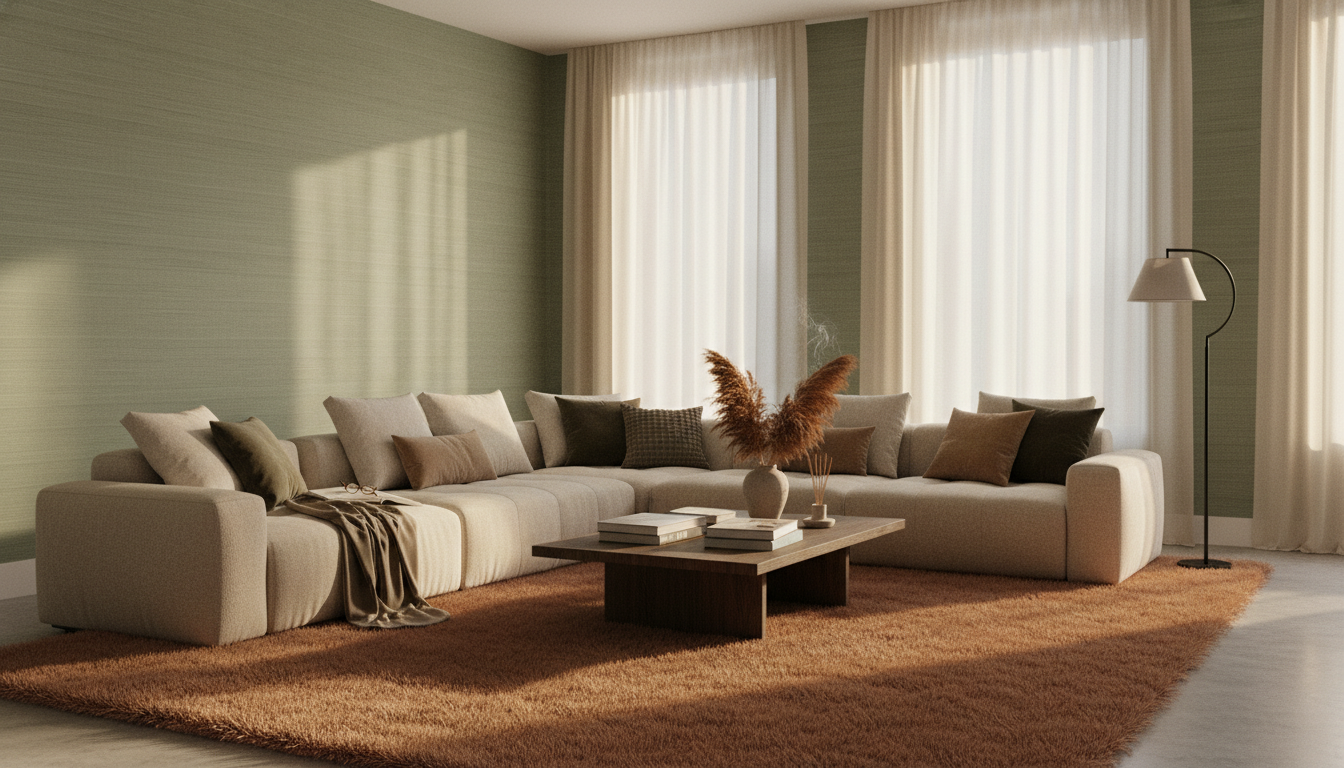 A harmonized room featuring sage wallpaper, linen curtains, and a terracotta wool rug demonstrating 2026 interior design trends.