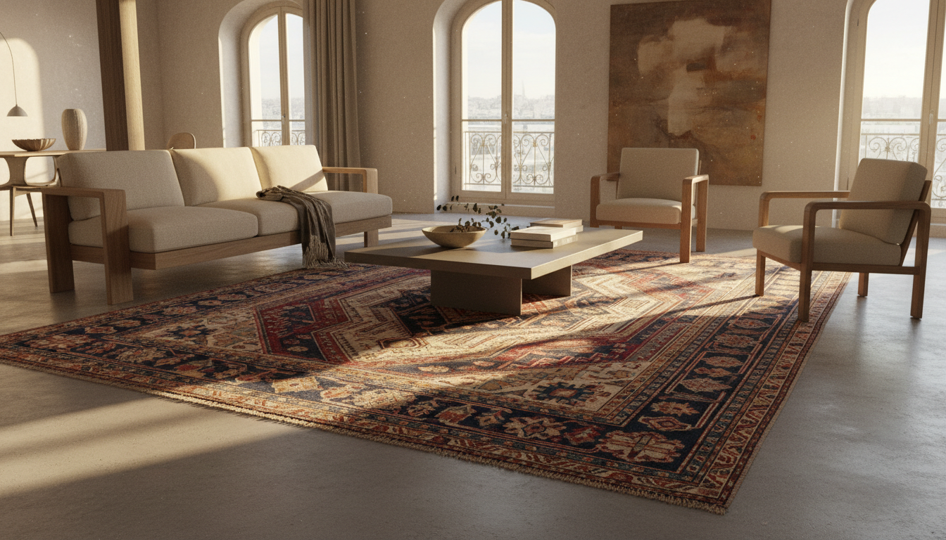 Investment Rugs 2026: showcasing a vintage Persian rug in a luxury minimalist apartment as a primary home asset.