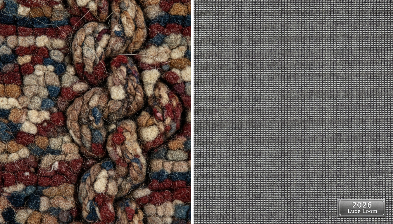 Macro side-by-side comparison of handmade vs machine-made rug backing showing knot irregularities versus mechanical uniformity.