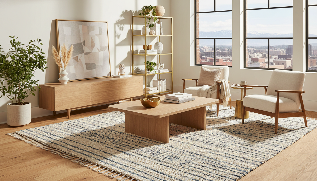 A perfectly styled living room where an affordable rug looks high-end due to expert furniture placement and lighting.