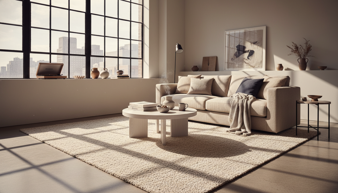 Bright New York studio apartment featuring a large light neutral rug that makes the small living area look spacious and airy.