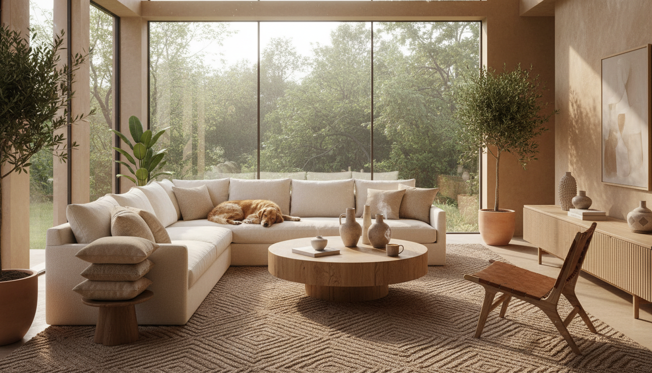 Designer living room with pet-friendly neutral rug and large dog