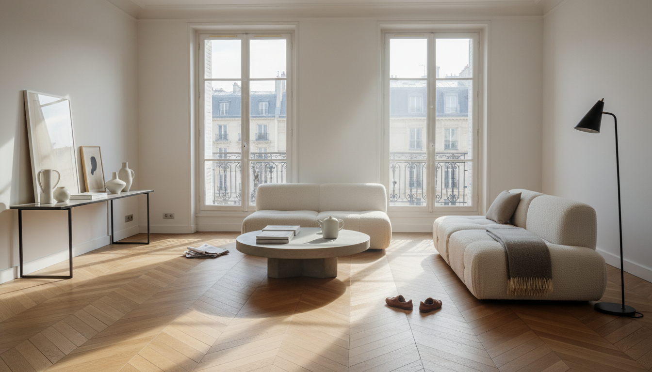 Bare designer living room prepared for a new rug installation in 2026