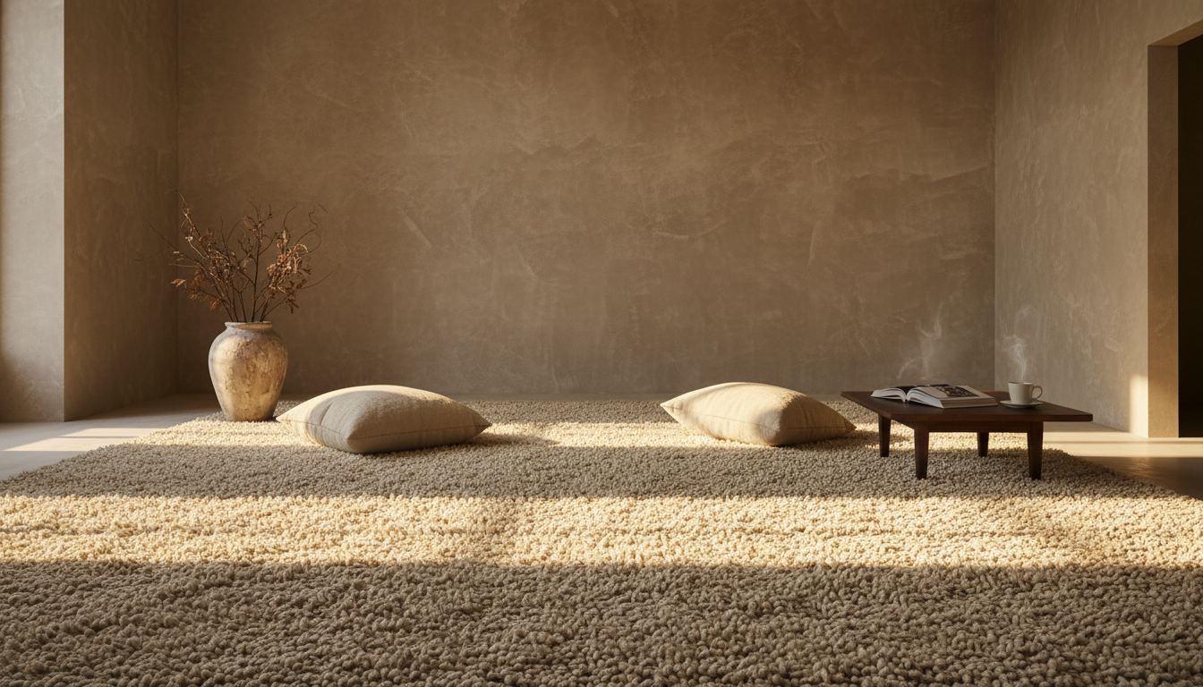 A minimalist luxury living room with lime-washed walls and a thick undyed wool rug under golden hour lighting.