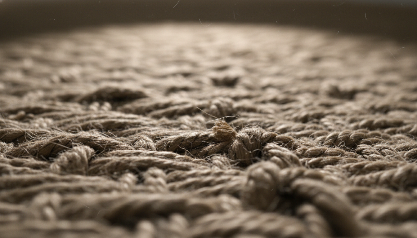Detailed macro view of raw flax fibers in a high-end 2026 designer rug showcasing natural texture and fiber strength.