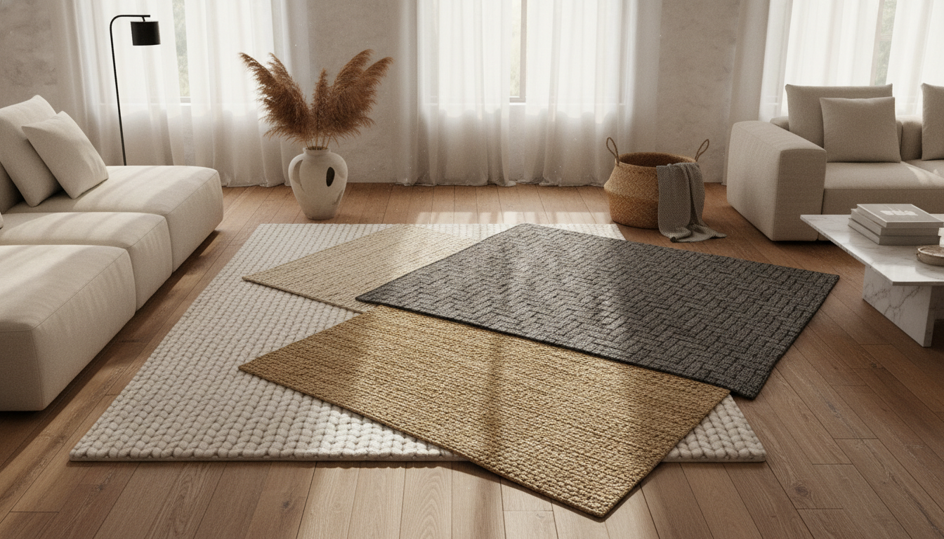 Comparison of wool jute and performance rug materials in a modern minimalist living room 2026 trends