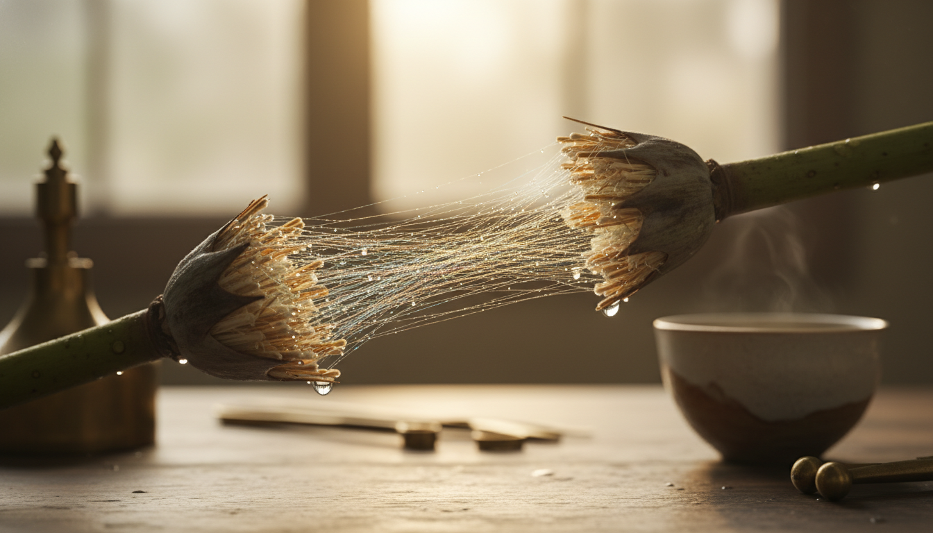 Detailed macro photography of raw lotus silk fibers being extracted from a stem for 2026 luxury rug production.