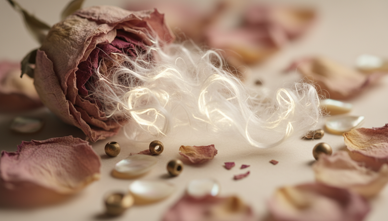 Detailed macro view of the bio-textile transformation process from rose petals to luxury rug fiber.
