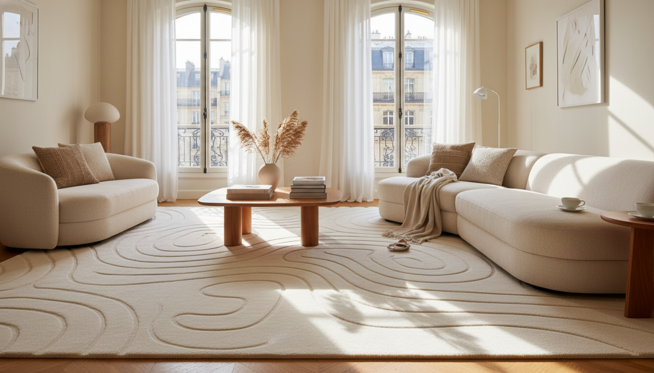 A luxurious cream-colored high-low pile rug with organic 3D patterns in a modern Parisian living room.