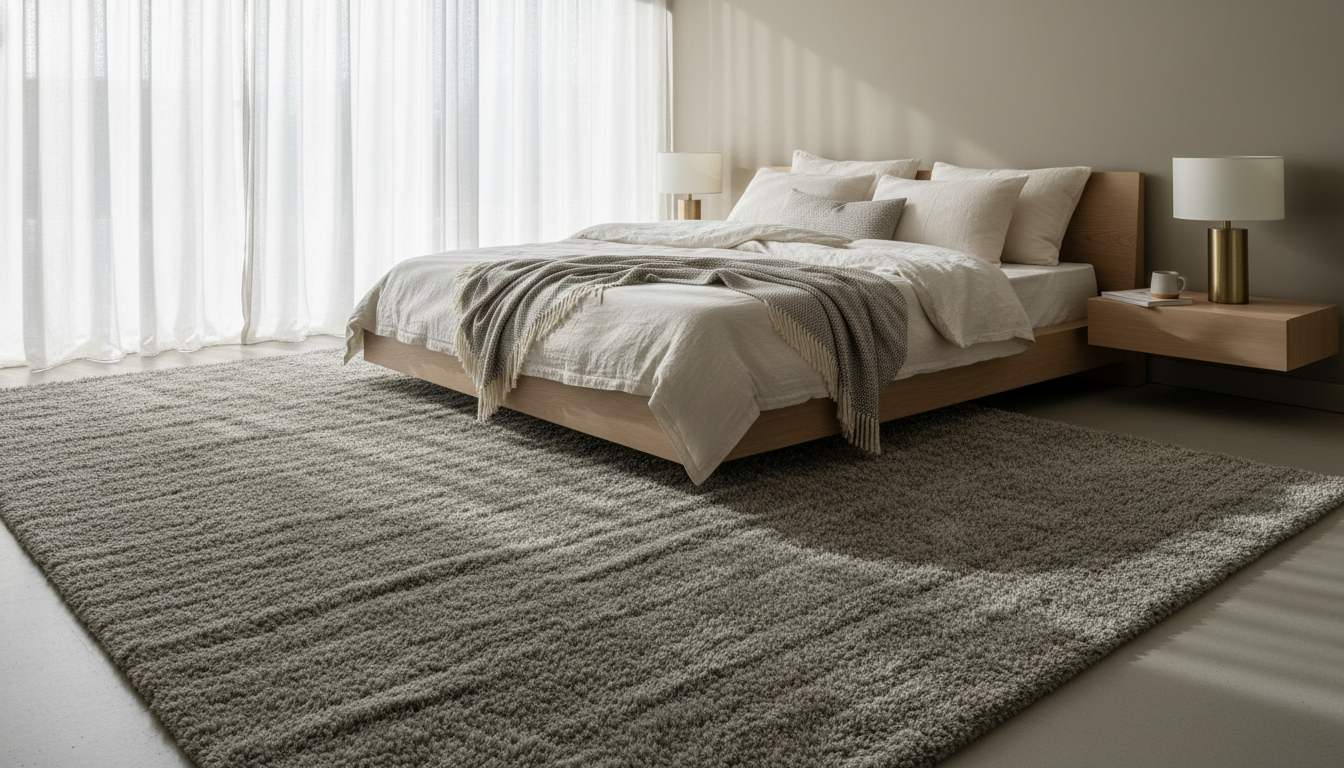 Modern minimalist bedroom featuring a soft greige textured wool rug and light oak furniture.