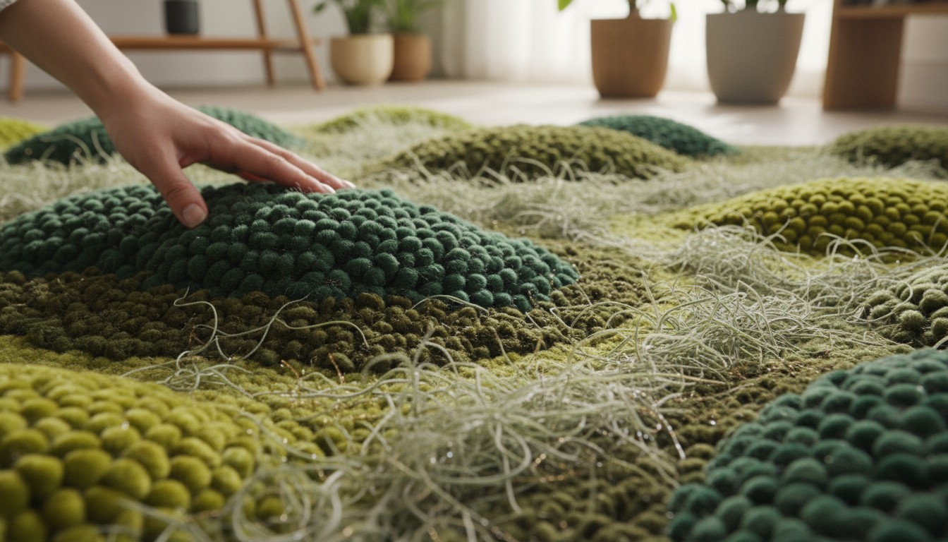Detailed macro view of the high-pile textures and bio-engineered fibers of a Puddle-Silhouette Moss Rug mimicking real moss.