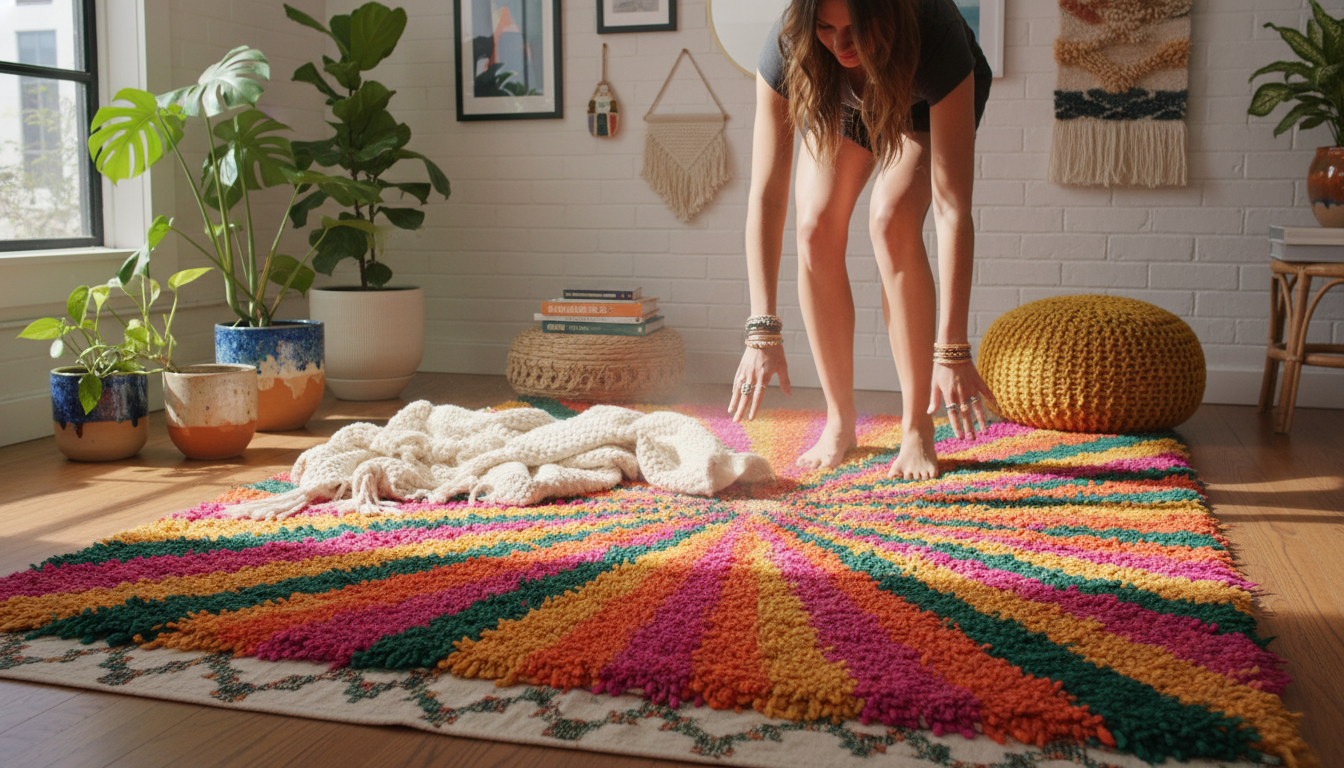 Vibrant Dopamine-Boho interior design featuring a multi-textured fiber-art rug in bold colors for sensory maximalism.