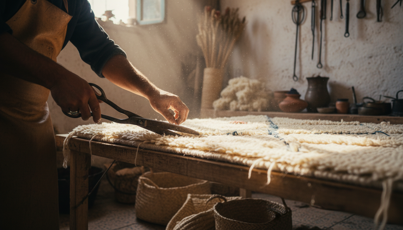 An artisan hand-shearing a wool rug to achieve the smooth, plaster-like finish characteristic of Tadelakt textures.