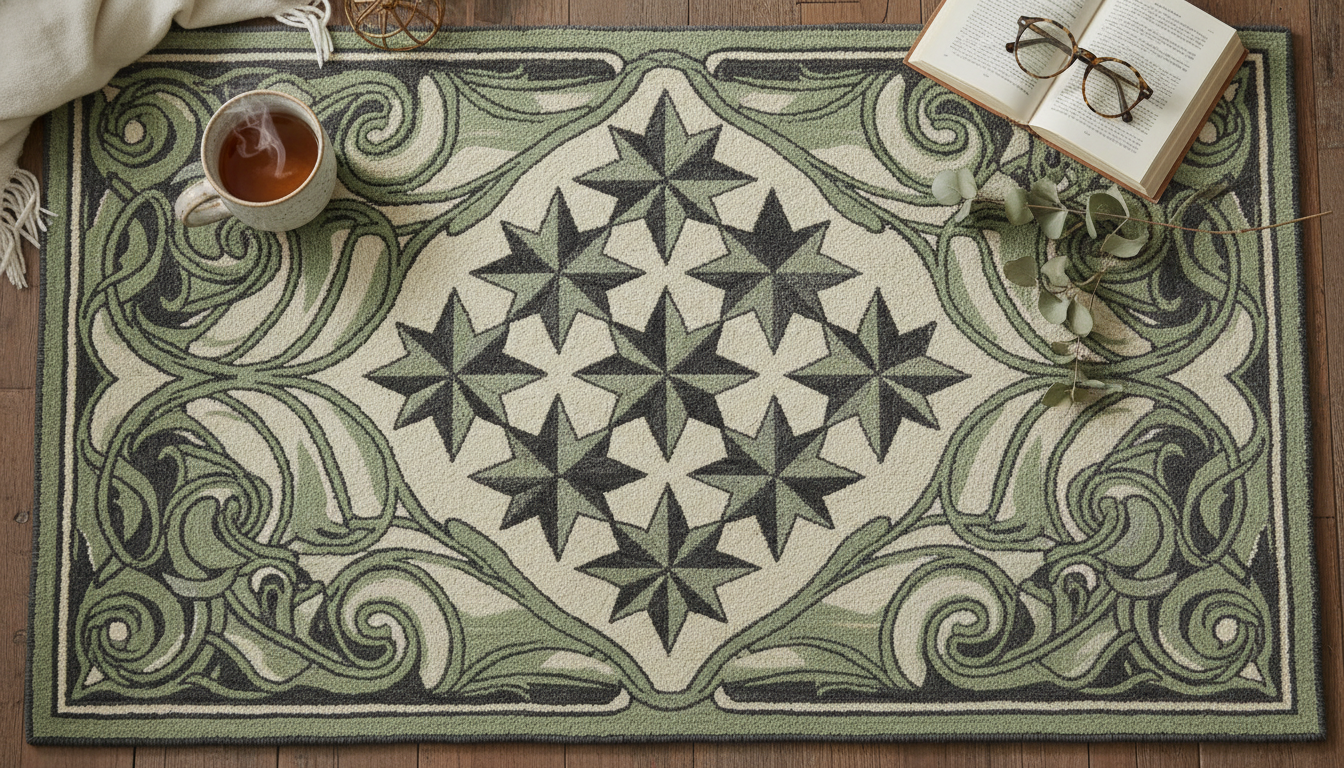 Detail view of Folk Nouveau rug patterns combining geometric folk art with organic Art Nouveau curves.