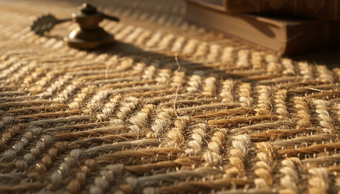 Close-up detail of high-end natural fiber rug weaving showcasing the 2026 trend of sophisticated jute blends.