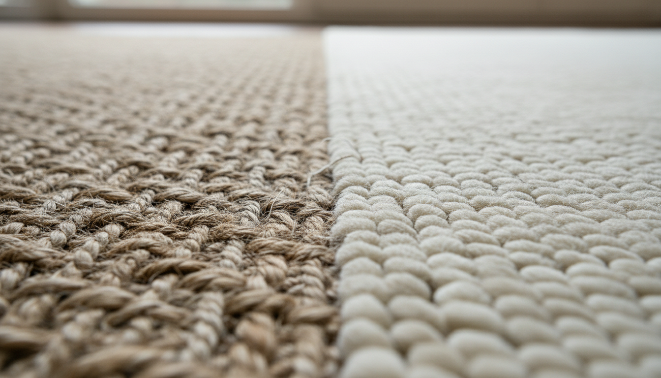 Detailed close-up of rug textures showing the contrast between organic jute fibers and soft wool pile.