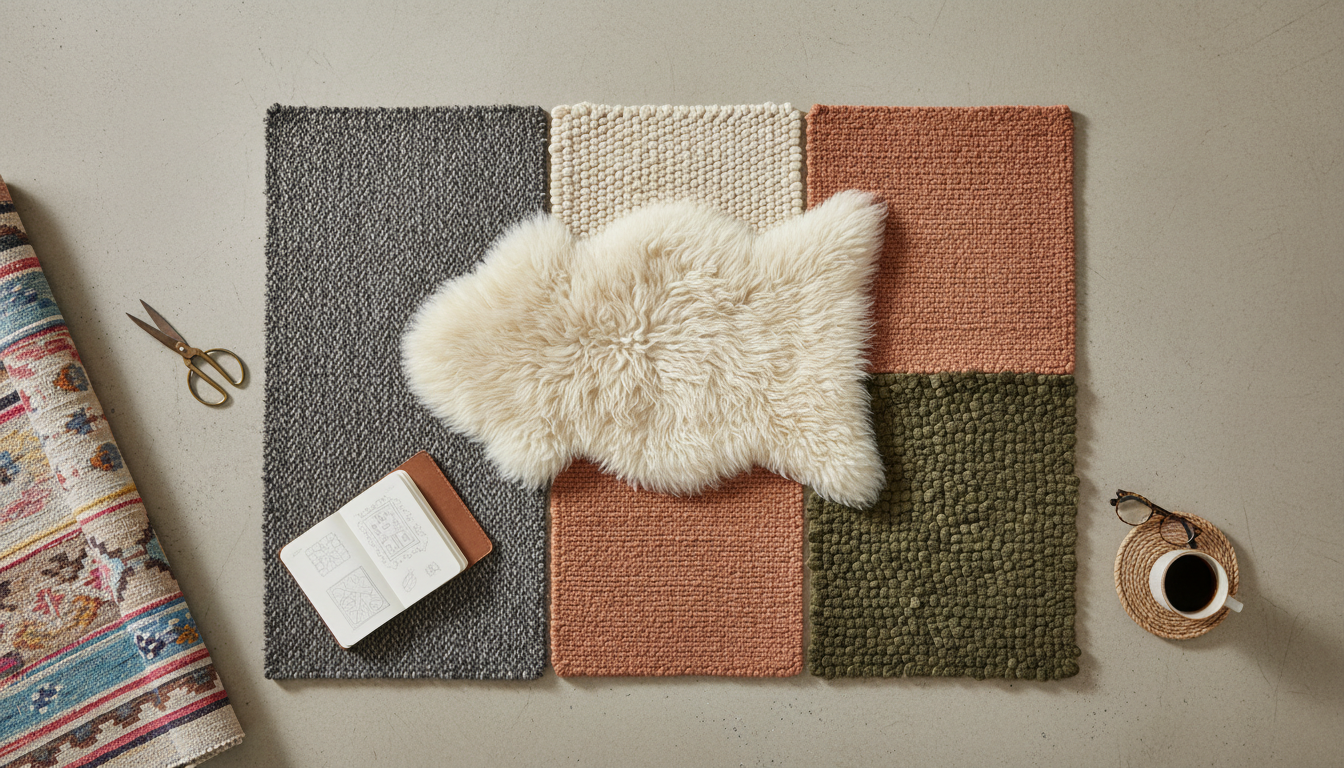 A collection of high-low pile rug samples showing the variation in height and texture for 2026 design.
