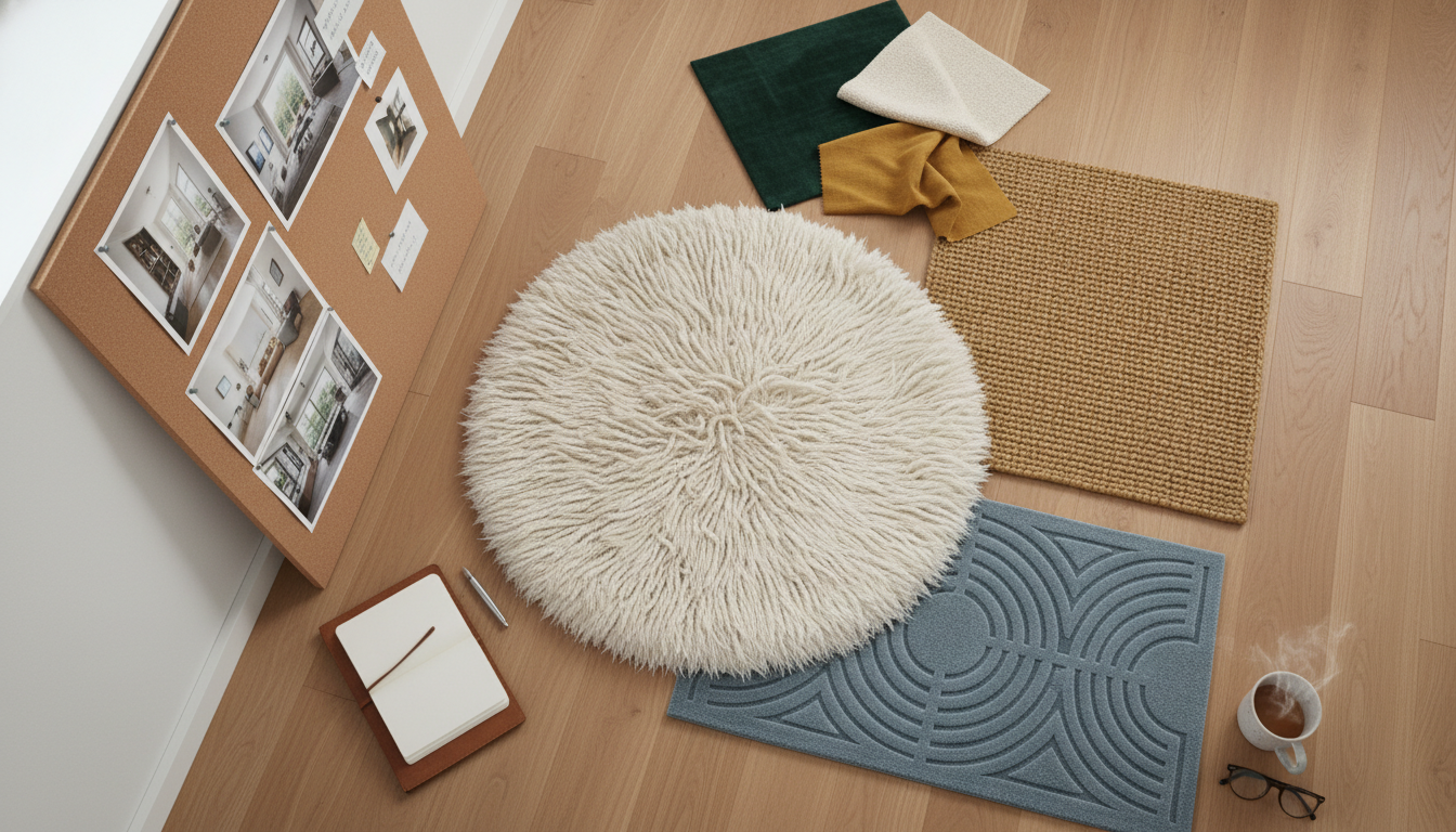 Designer mood board featuring various textured rug swatches like shag and ribbed wool on hardwood flooring.