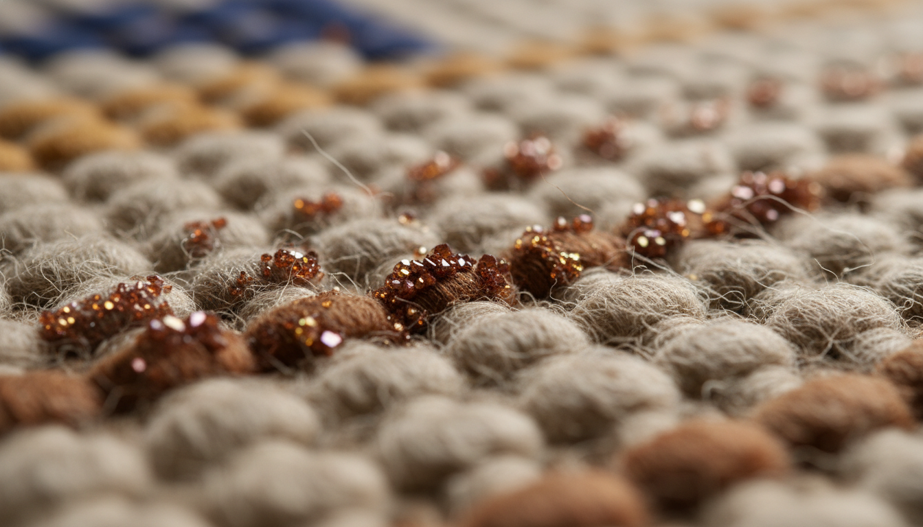 Detailed macro shot of natural wool fibers dyed with mineral pigments, showing the raw and earthy texture of muddied earth mineral rugs 2026.