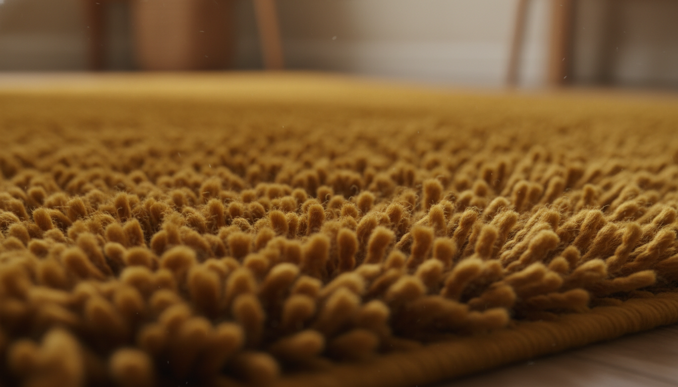Close-up texture of a saturated ochre yellow rug showcasing 2026 color trends.