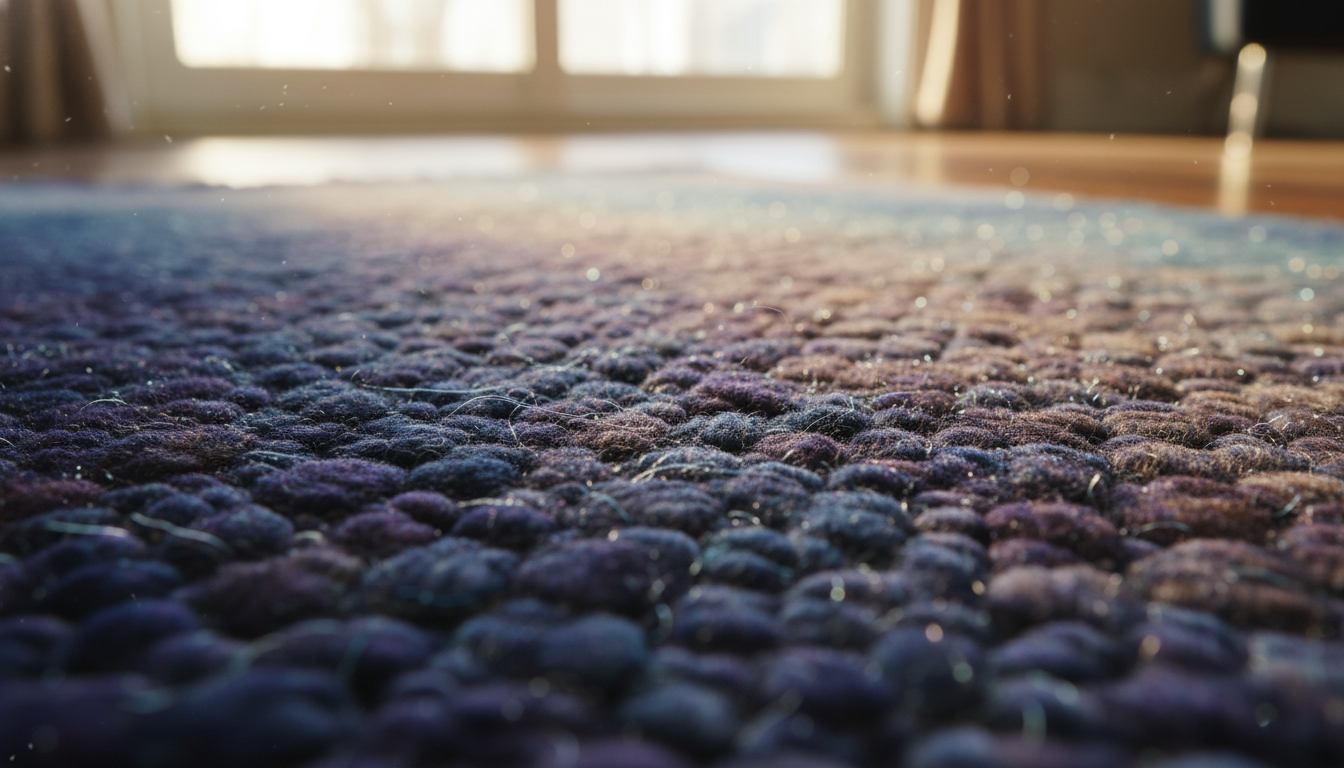 Detailed macro shot of high-quality rug fibers showing the transition between matte wool and shimmering silk star motifs.