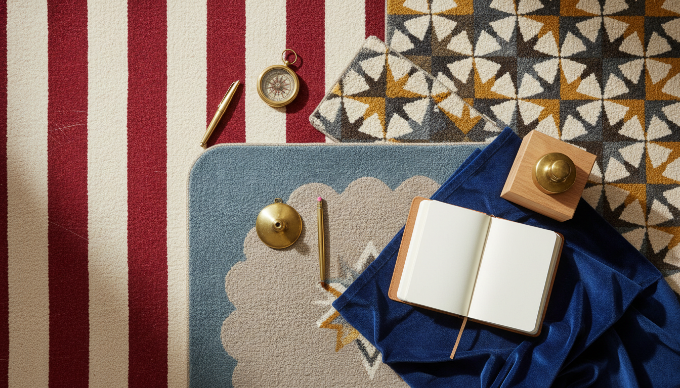 Collection of Circuscore rug samples featuring stripes and playful patterns for 2026 design planning.