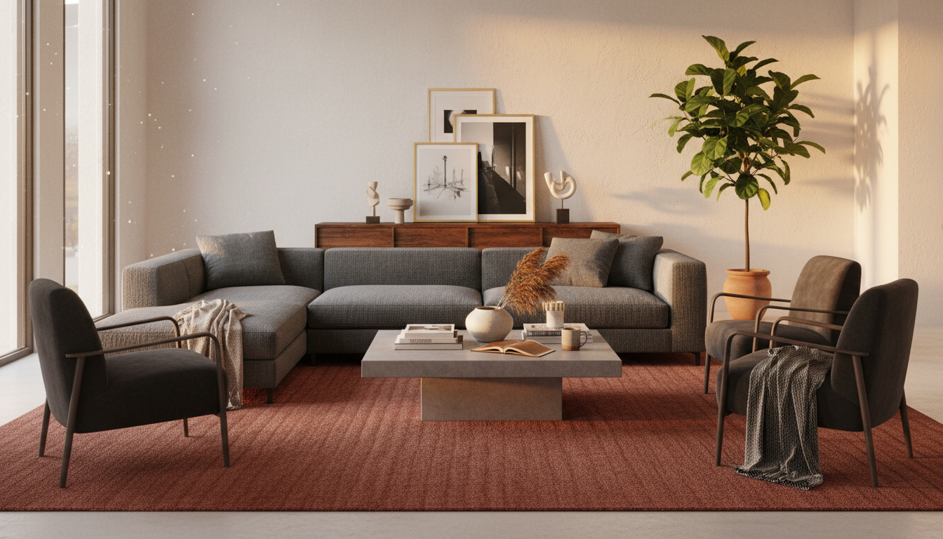 Modern living room featuring a bold terracotta rug contrasting with neutral walls and dark furniture.