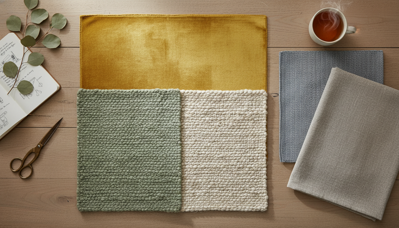 Comparison of warm and cool gray fabric swatches with earthy-toned rug samples.
