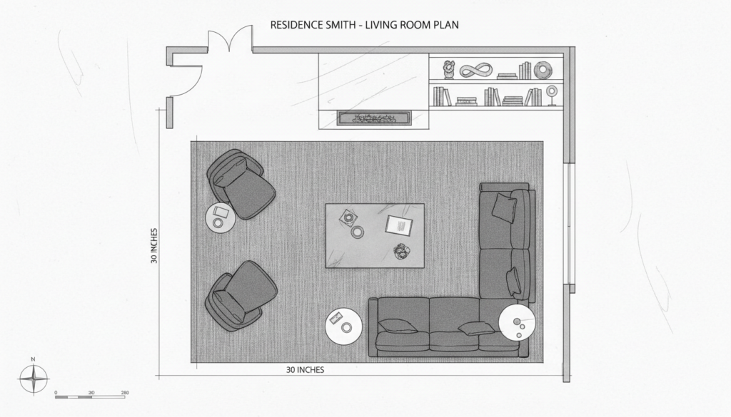 Technical diagram showing rug size formulas for living rooms including clearance for walkways and furniture placement.